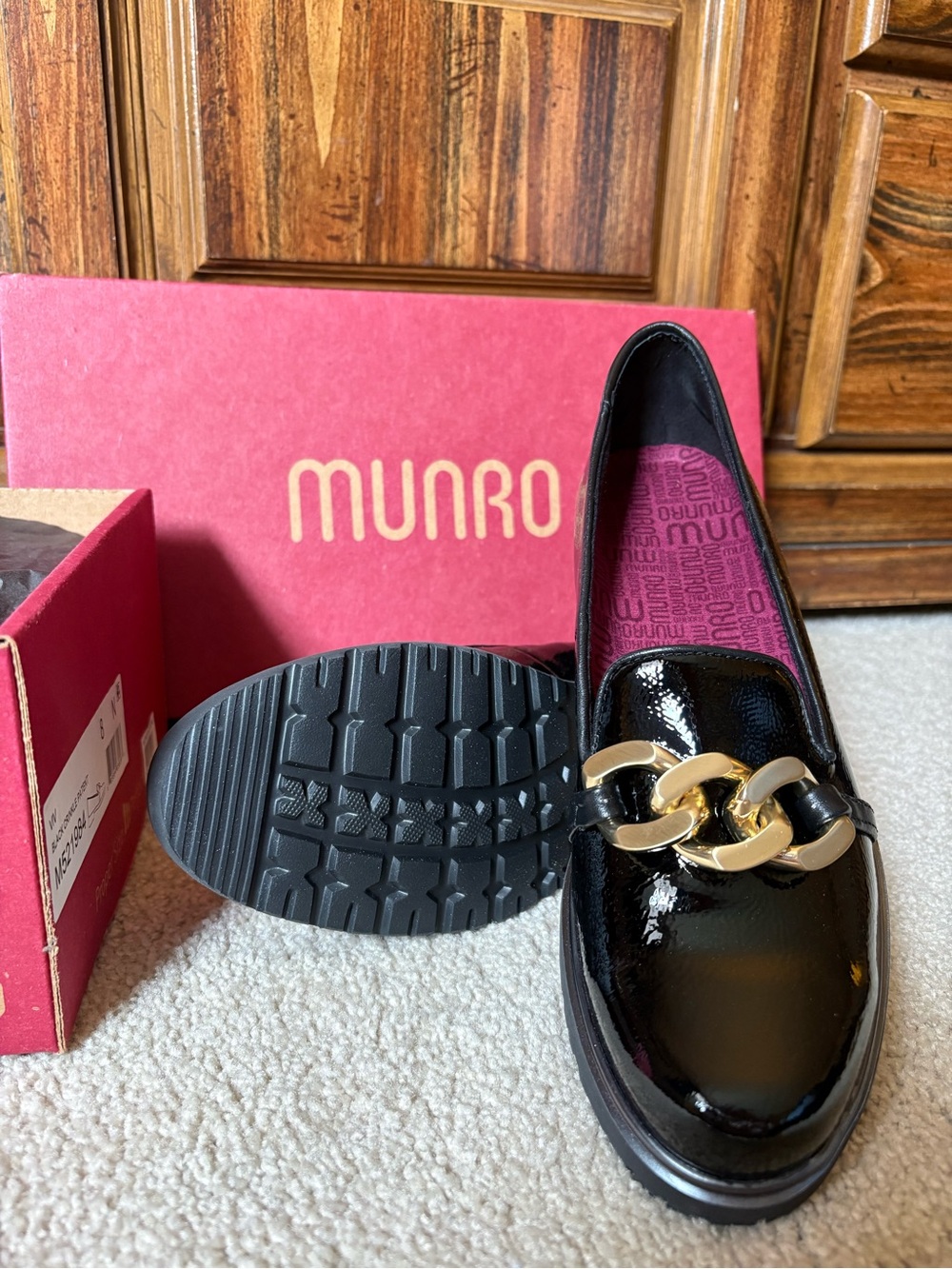 Munro Black Patent Loafers with Gold Chain Detail